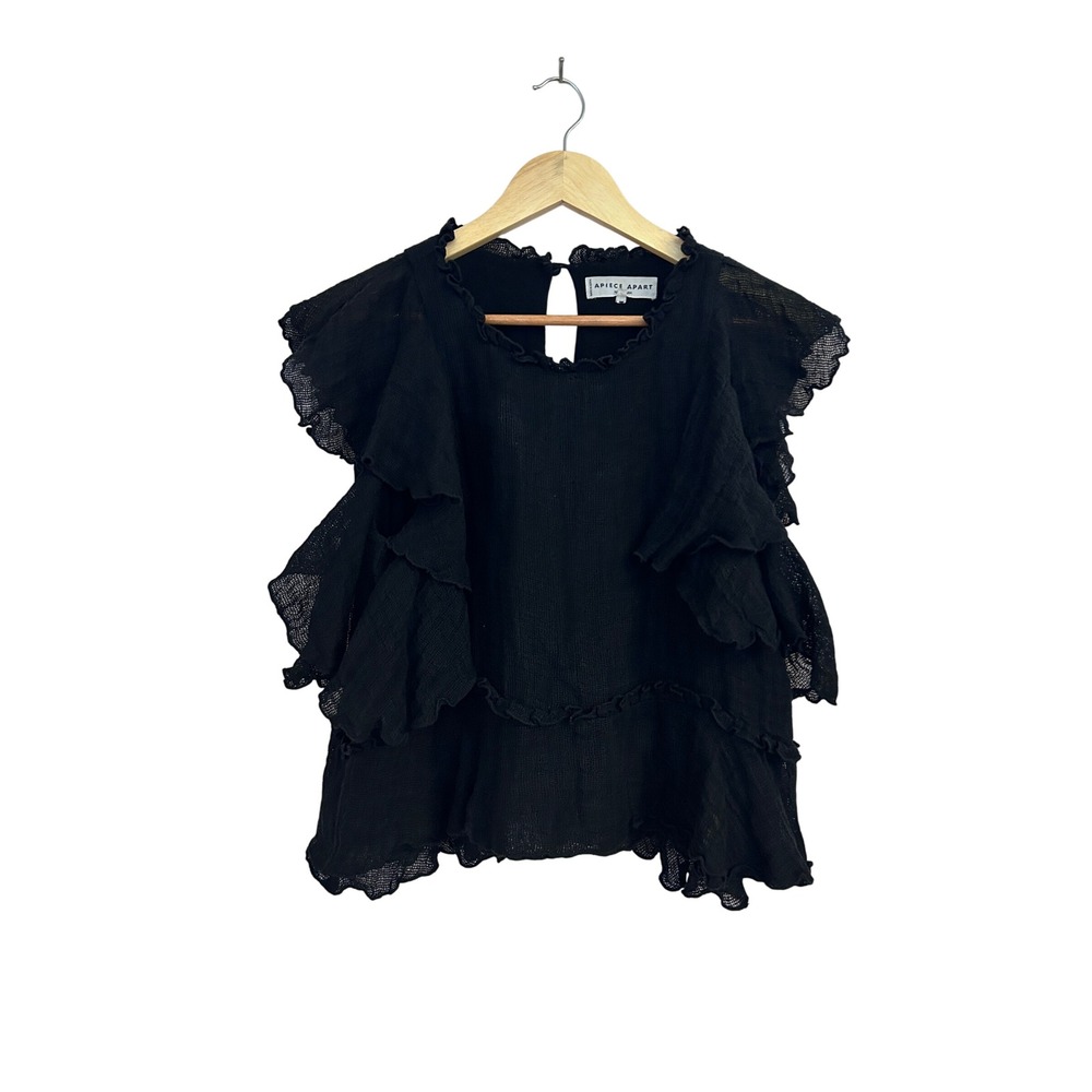 Apiece Apart Black Linen Ruffle Sleeveless Blouse Top Size 6 Keyhole Back